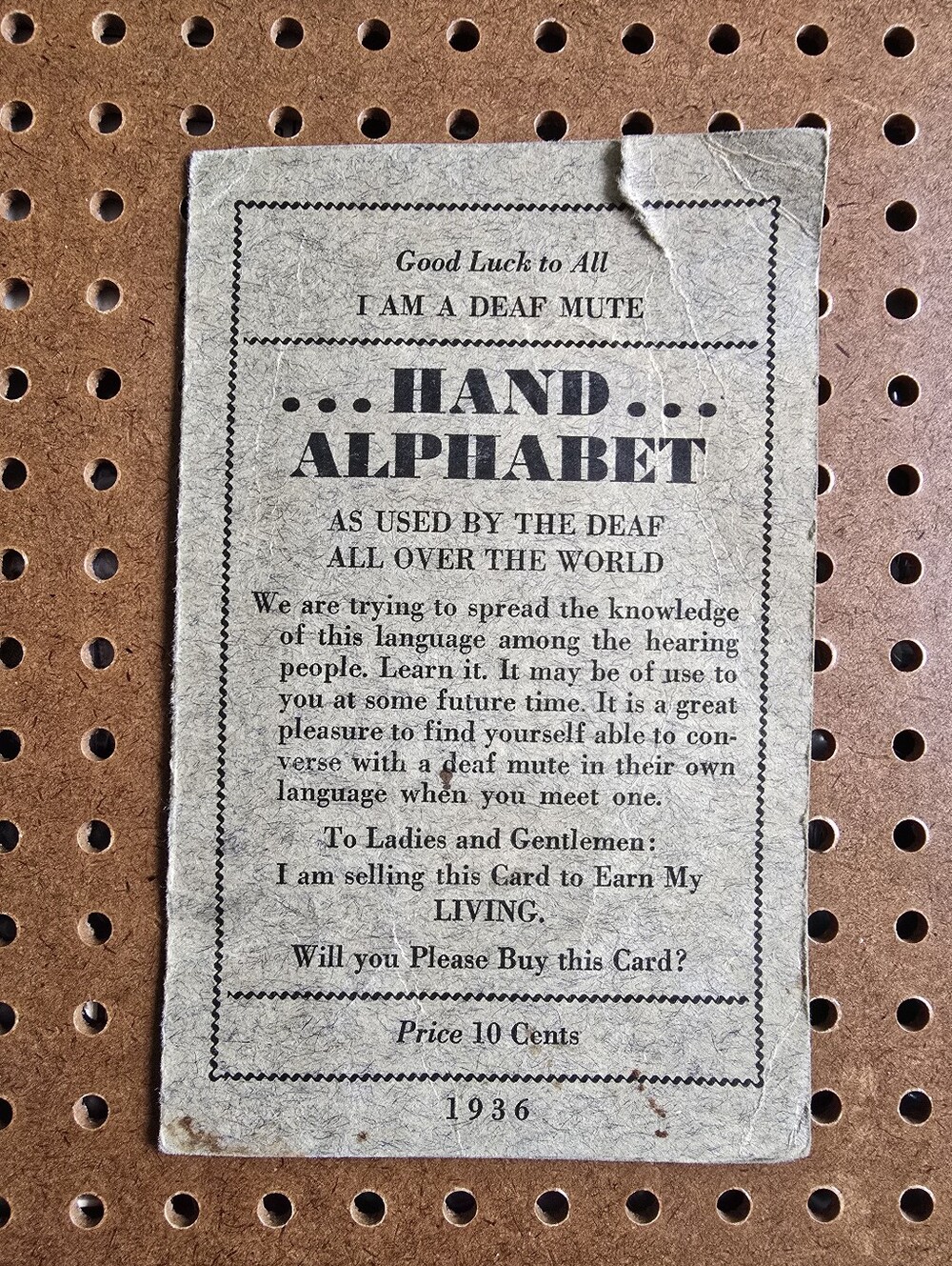 Vintage 1936 Deaf Mute Hand Alphabet Card With Silver Ey'd Sewing Needles